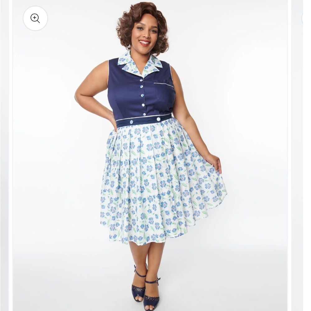 Unique Vintage White & Blue Floral Eyelet Collins Wrap Swing Skirt - 2X/18